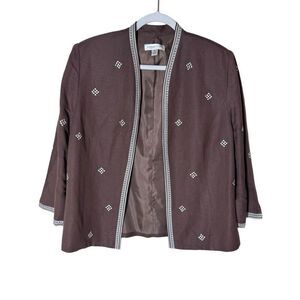 Coldwater Creek Linen Blend Jacket Embroidered Open Front Brown 16